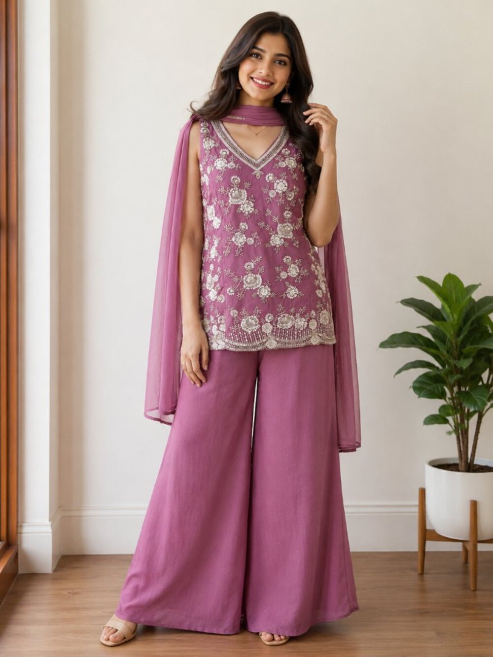 Mauve Pink Embroidered Palazzo Suit Set with Dupatta |Indian Ethnic Wear |Size M